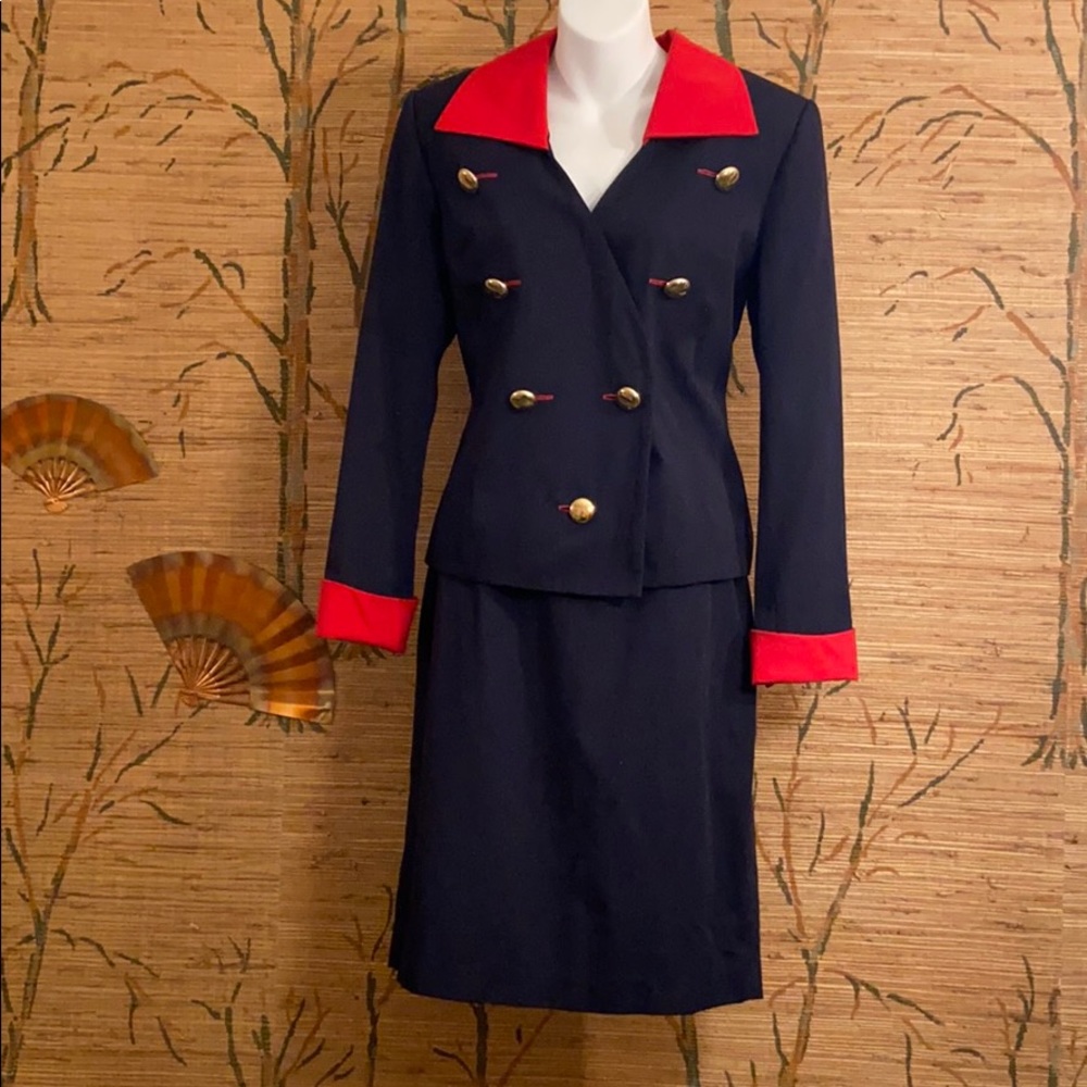 Vintage Military Inspired Skirt Suit Crimson Navy